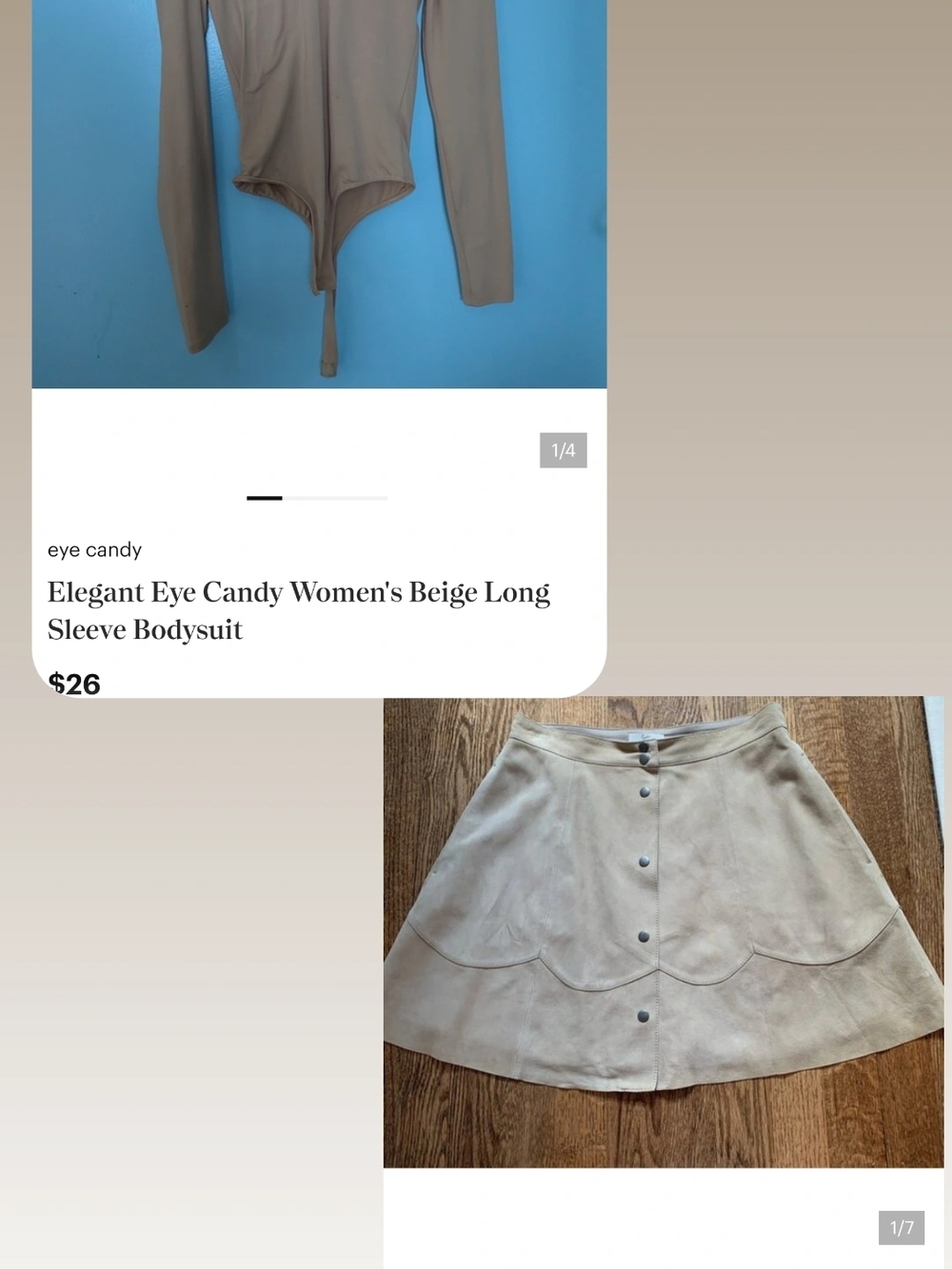OUTFIT BUNDLE Beige Long Sleeve Bodysuit With Suede Mini Skirt